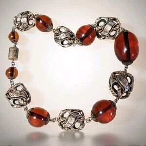 LOUIS ROUSSELET Necklace Amber Glass Beads & Brass 15" Made In France Vintage
